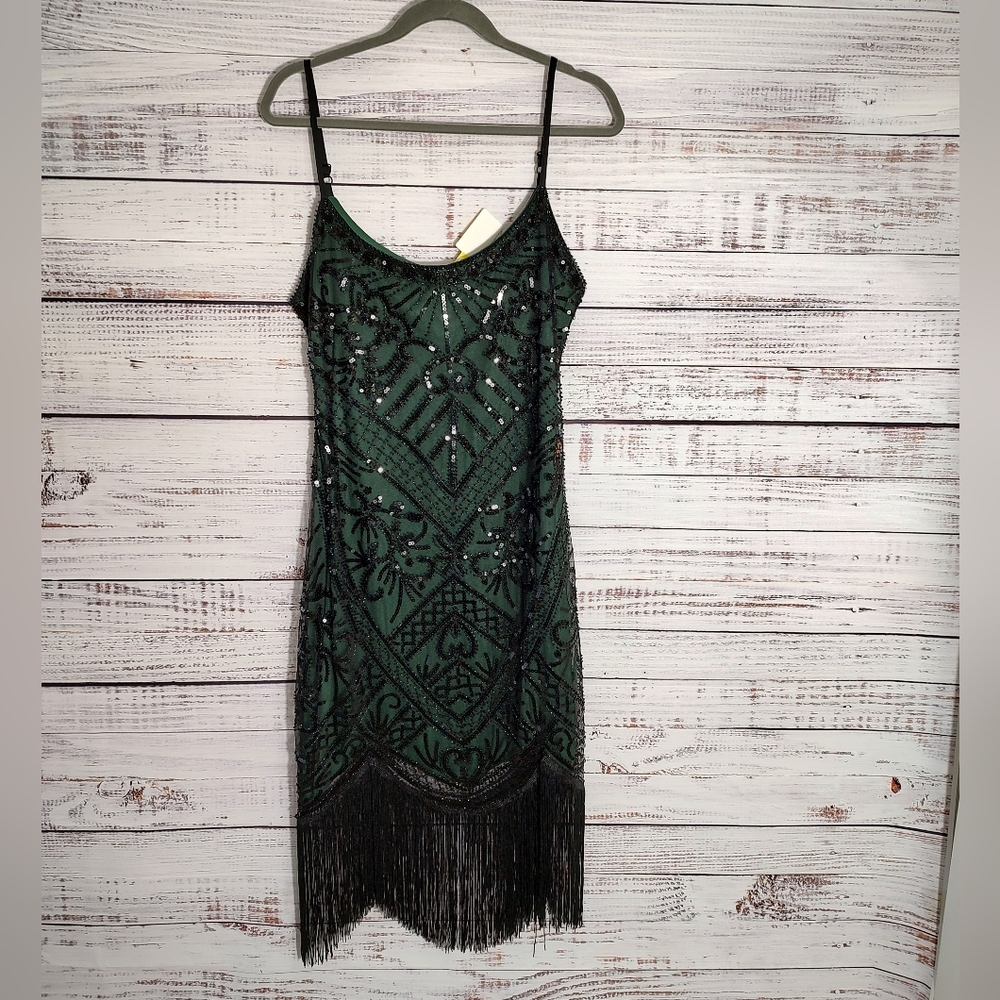 Yessa 1920s Gatsby Flapper Sequin Fringe Dress Emerald Green XL NWT